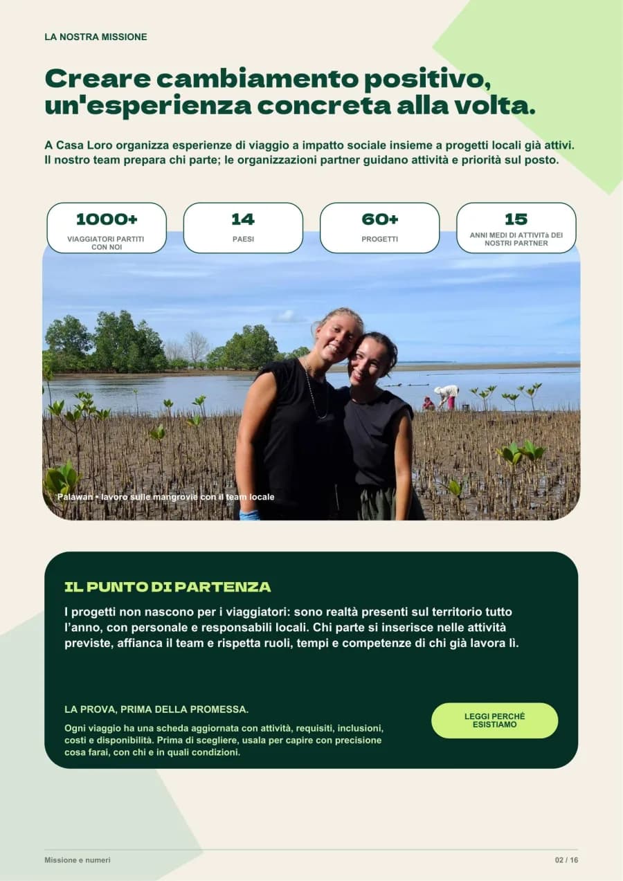 Pagina della brochure dedicata alla missione di A Casa Loro